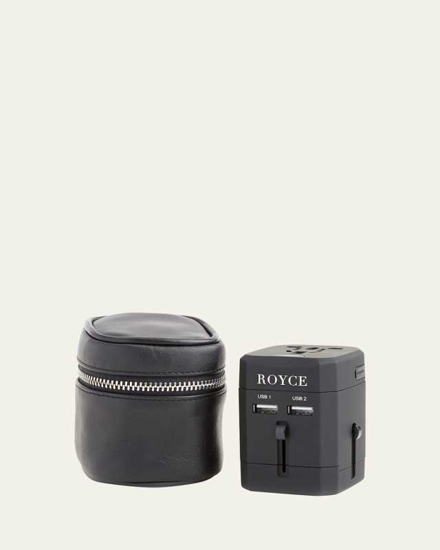 International Travel Adapter & Monogrammed Leather Case Set